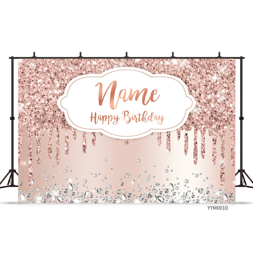 Customize Name Rose Golden Backdrops Girls Birthday Party Wedding Banner Photocall Glitter Diamonds Happy Birthday Backgrounds