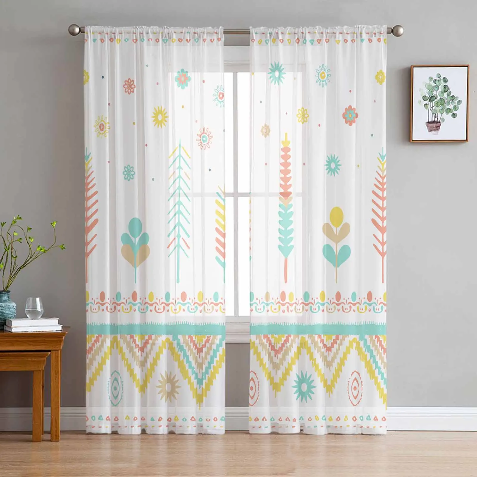 

Aztec Navajo Flower Grass Tribe Sheer Curtains for Kids Bedroom Living Room Voile Window Curtains Tulle Drapes