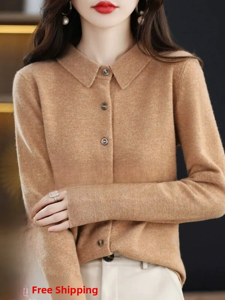 Premium Feel Camere Cardigan ouvert pour femme, pull en laine tricoté ample, manteau à col rabat, automne hiver, nouveau tube droit...