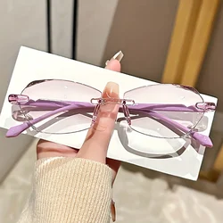 Rimless Vintage Style Eye Glasses With Rhinestone Embellishments - Lightweight Geometric PC Lenses & Frame Elegantly Cut Design