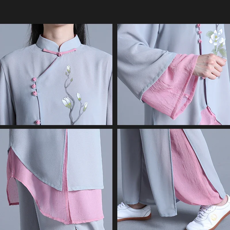 Tai Chi Clothes Women Wushu Clothes Kung Fu Competition Clothes Martial Art Uniform Wrinkle Free Hand Painted 2024 Gray