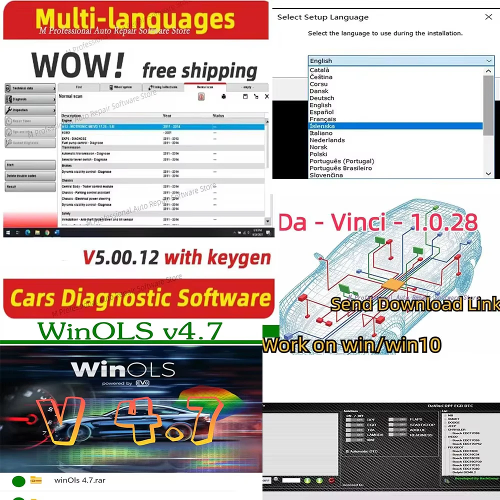 WOW 5.00.12+ Da Vinci 1.0.28+Winols 4.7 Software, fija diagnósticos, activa el uso ilimitado, fácil de ejecutar, incluye videope