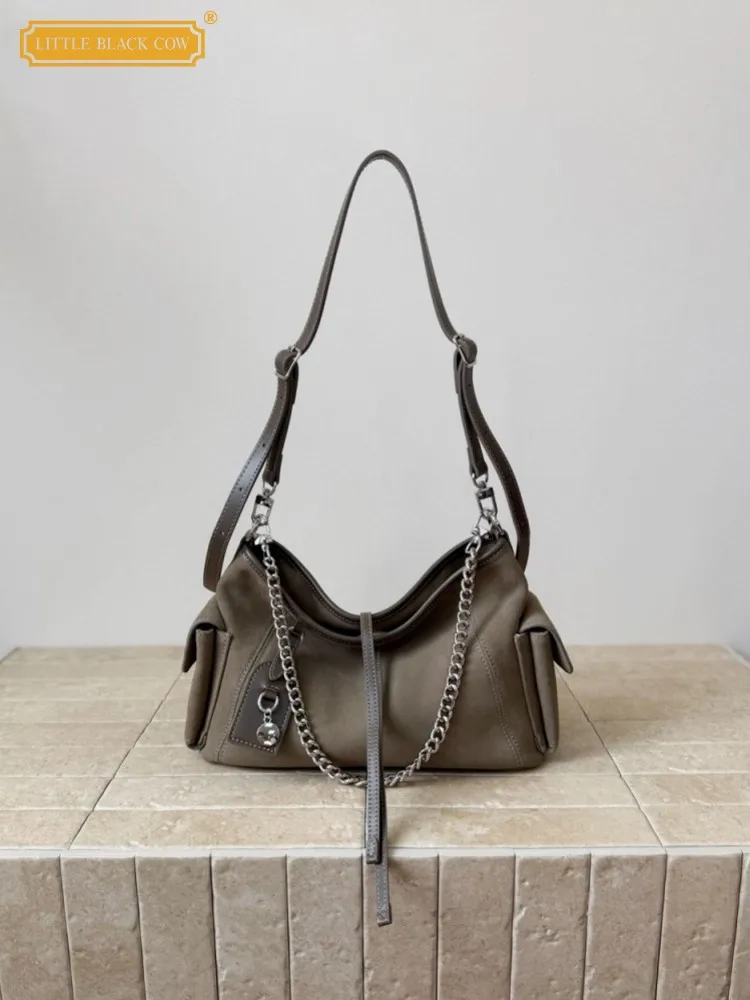 Office Women Elegant Buckle Cow Suede Leather Shoulder Bag Fashion Chain Totes Handbag Ladies Work Designer Strap Crossbody Bags