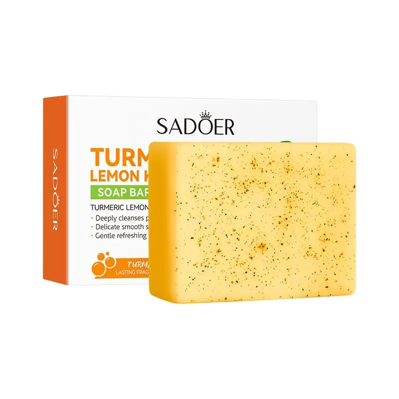 SADOER Lemon Turmeric Brightening Soap Handmade Deeply Cleansing Glowing Body Exfoliating Shower And Face Soap Body Care.