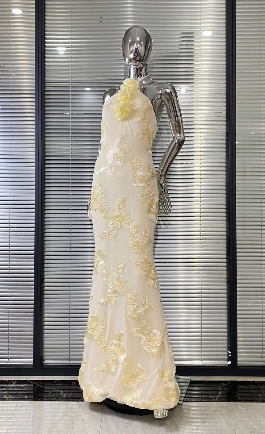 VOORRAAD Vrouwen Sexy Halter Uit de Schouder Borduren Bodycon Lange Jurk Elegante Avondfeest Verjaardag Cocktail Outfit