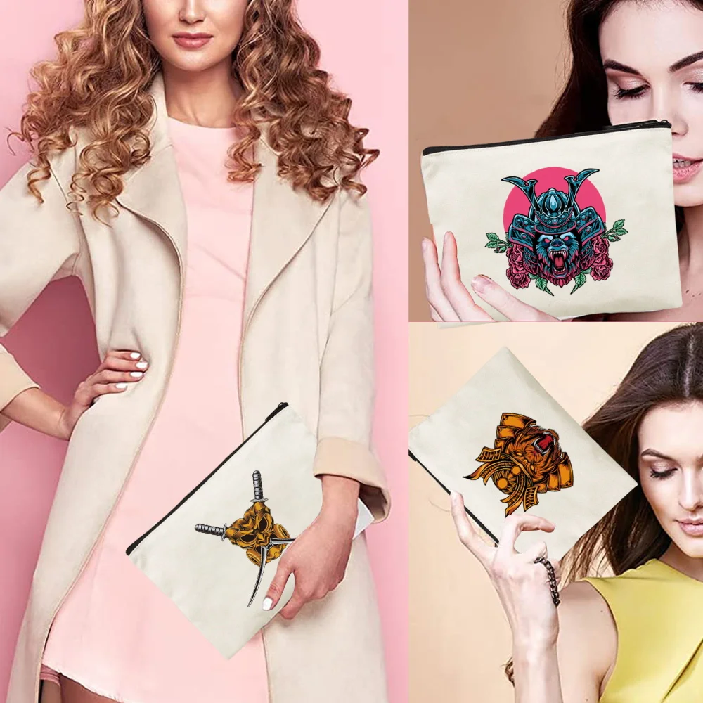 Popular Canvas Cosmetic Zipper Bag With Monster Print Beige Makeup Pouch for Brushes Lip Gloss Powder and Beauty Tools
