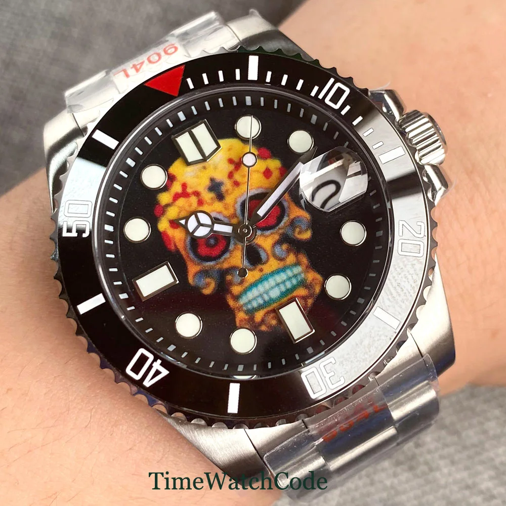 NH35A Movement Men\'s Automatic Watch 40mm Full Luminous Skull Dial Sapphire Crystal 316L Bracelet Date Ceramic Bezel