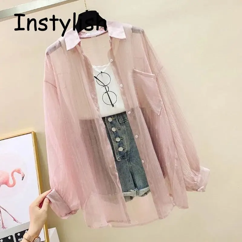 Women Elegant Long Sleeve Perspective Sheer Sunscreen Chiffon Blouse Korean Fashion Loose Shirt Women Summer Beach Cardigans