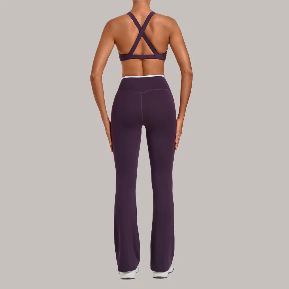 2PCS Women Tracksuit Fitness Suit Running Workout Outfit Gym Clothing Yoga Set Cross Back Sports Bra Flared Leggings Sportswear