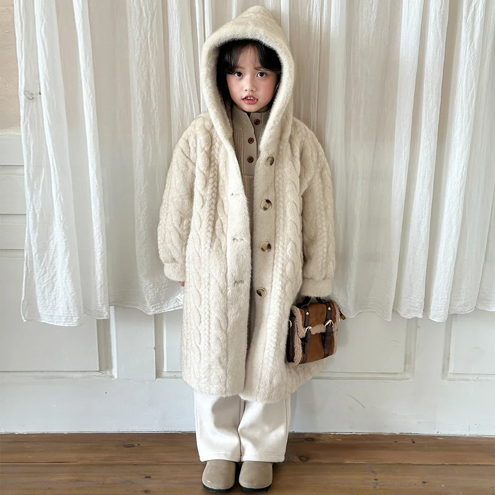 

Winter Kids Knitted Fur Coat Parka Long Imitation Mink Plush Cardigan Children Girls Thicken Warm Hooded Outerwear