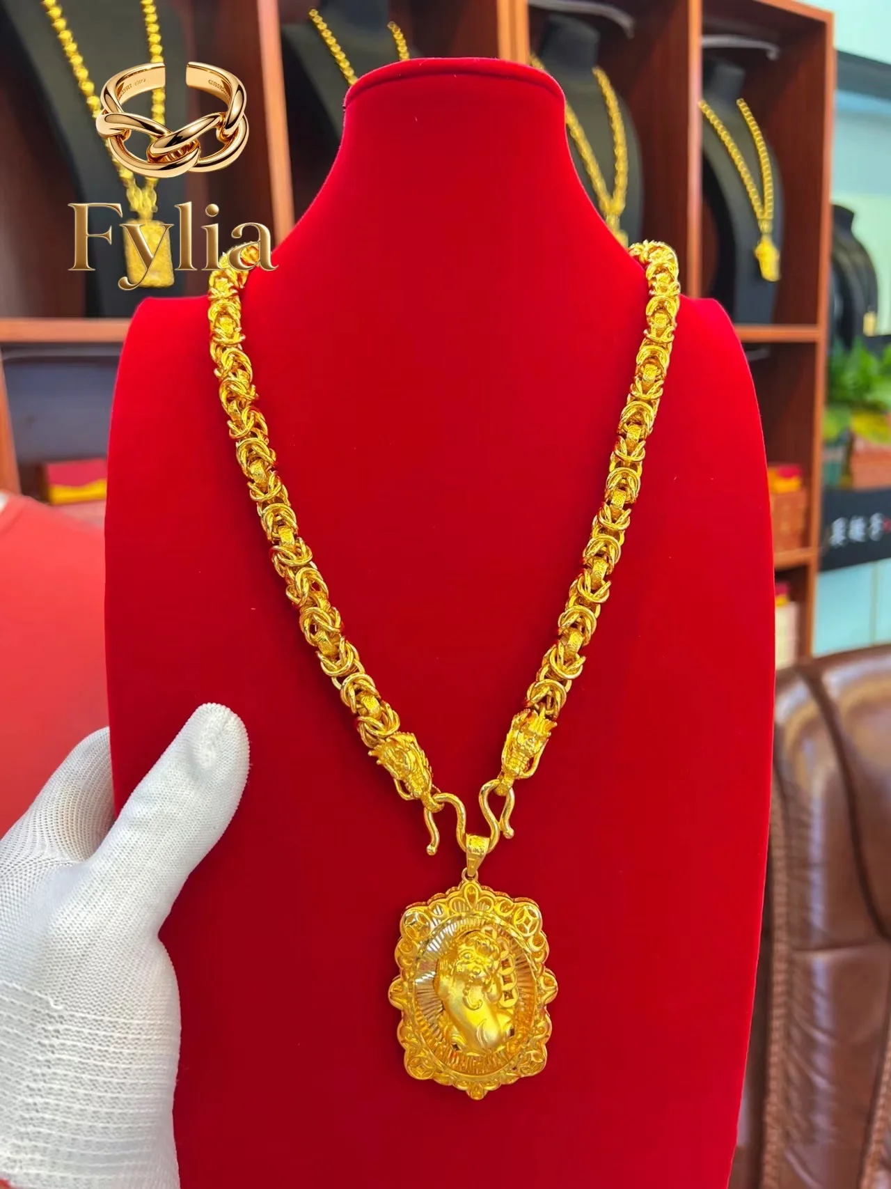 Fylia Jewelry  Fashion and luxurious 9999 24K real gold double dragon head Guanyin necklace pendant domineering dragon brand