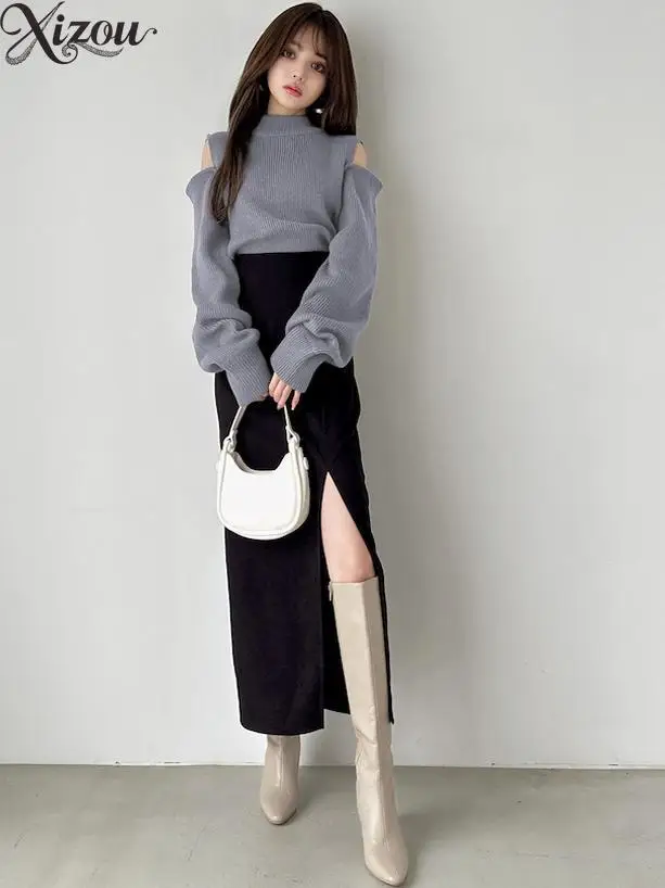 Swetry damskie z odkrytymi ramionami, dzianinowe, japońskie, koreańskie, na jesień i zimę 2025, dopasowane, z golfem, z wysokim kołnierzem, ażurowe, wiązane.