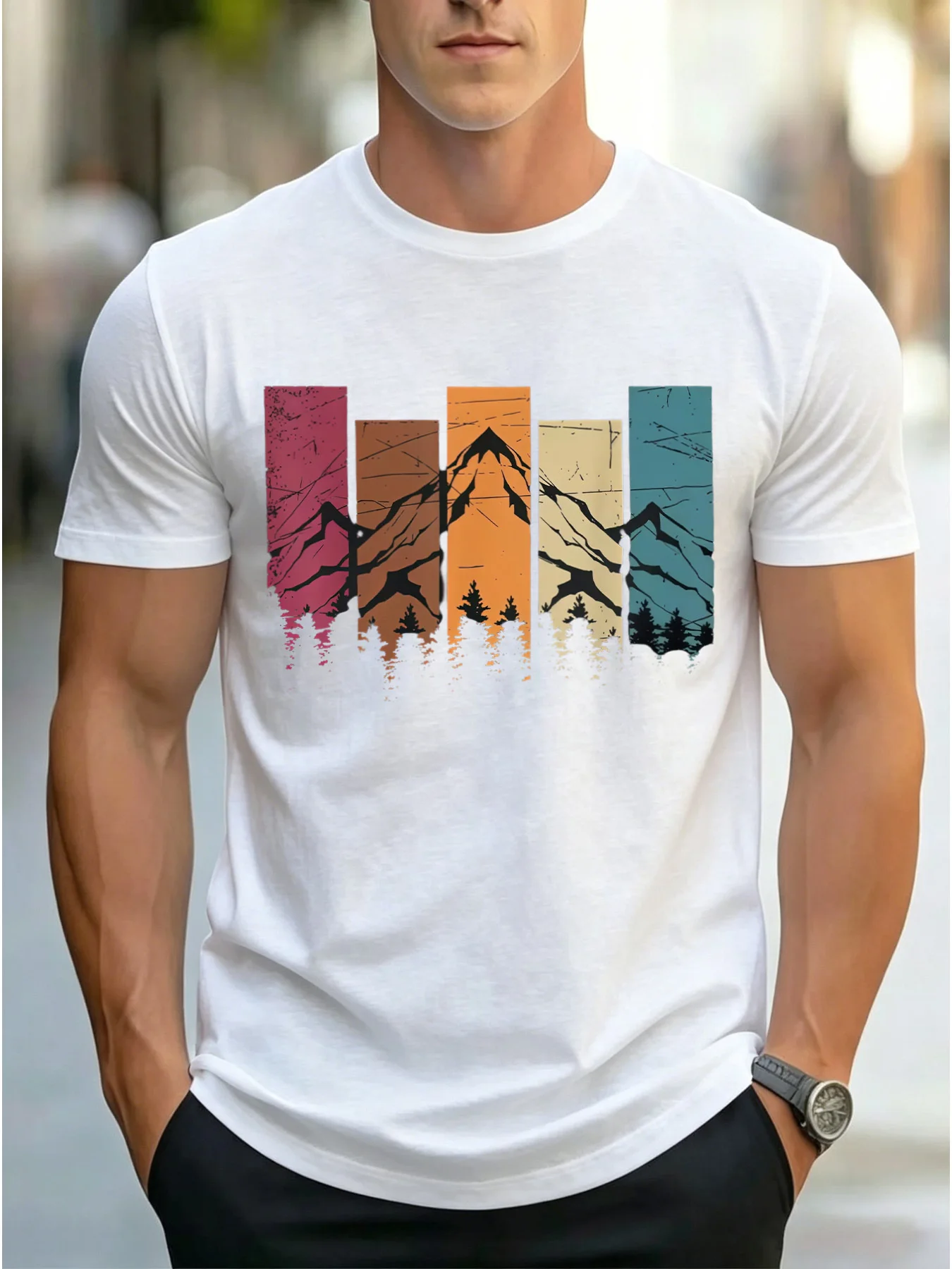 Summer new men's retro color-blocked mountain forest print short-sleeved t-shirt - casual round-neck versatile top