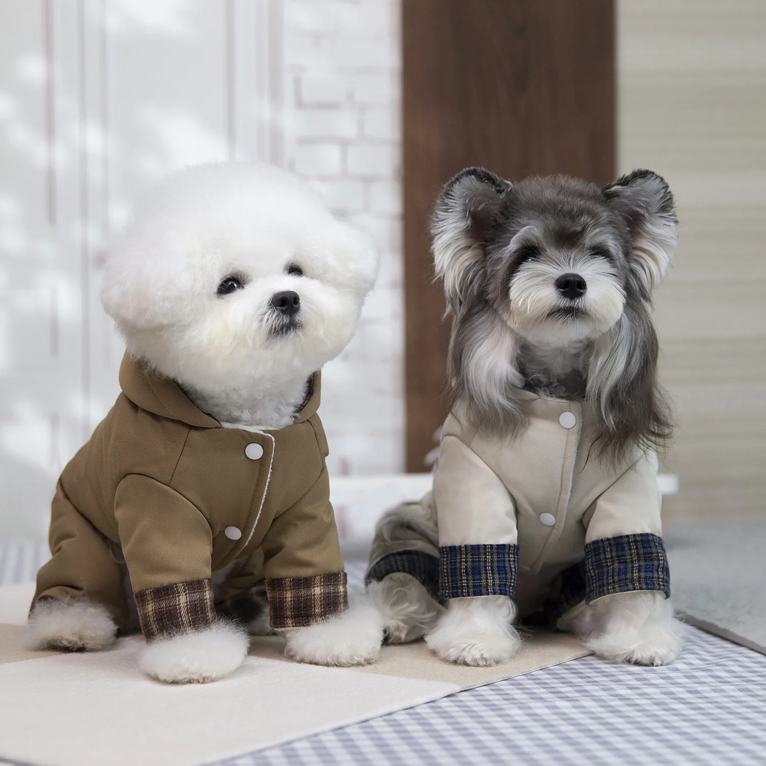 New Winter Autumn Simple Hooded Fleece Lined Warm Plaid Patchwork Four Legged Jumpsuit for Small Dogs and Cats Pet Apparel