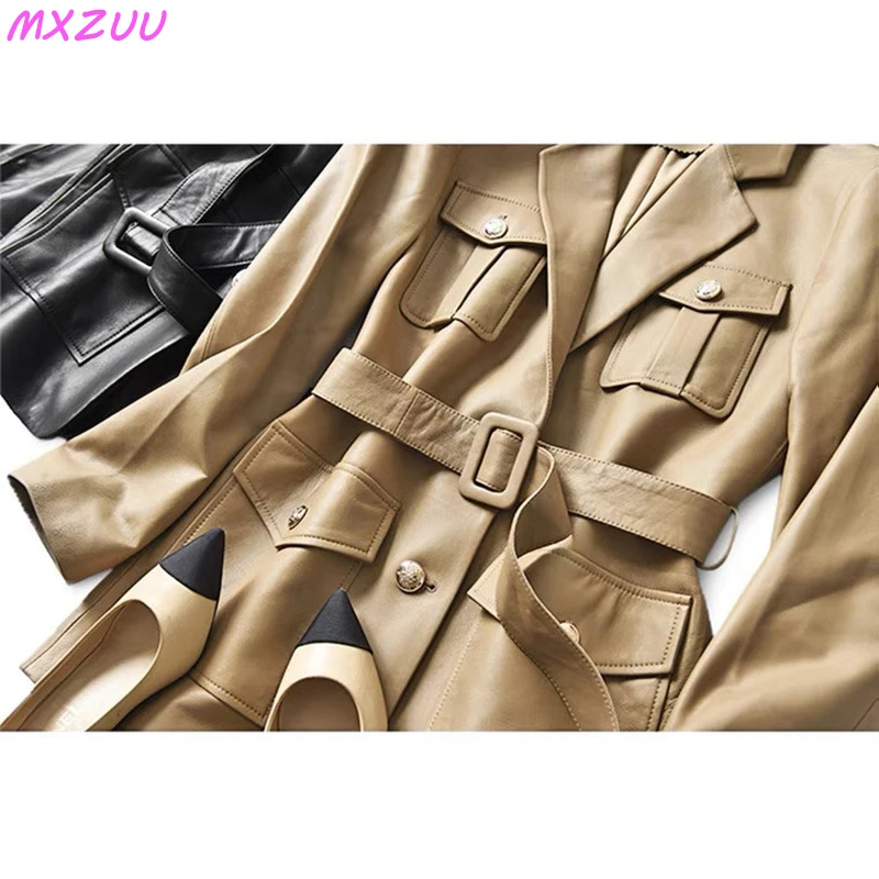 Harajuku Fashion Genuine Sheepskin Coat Women Retro Gold Buckle Belt Female Mid-Length Suit Collar Cargo Leather Jacket Pocket