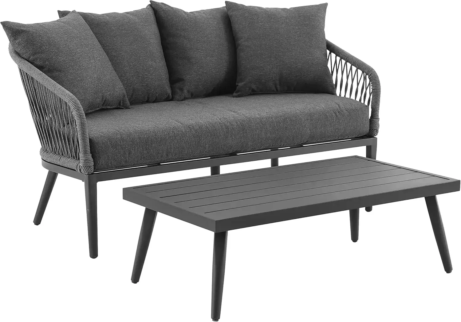 CO7330MB-CL Dover Outdoor Rope 2-Piece Conversation Set (Loveseat, Coffee Table), Matte Black with Charcoal Cushions