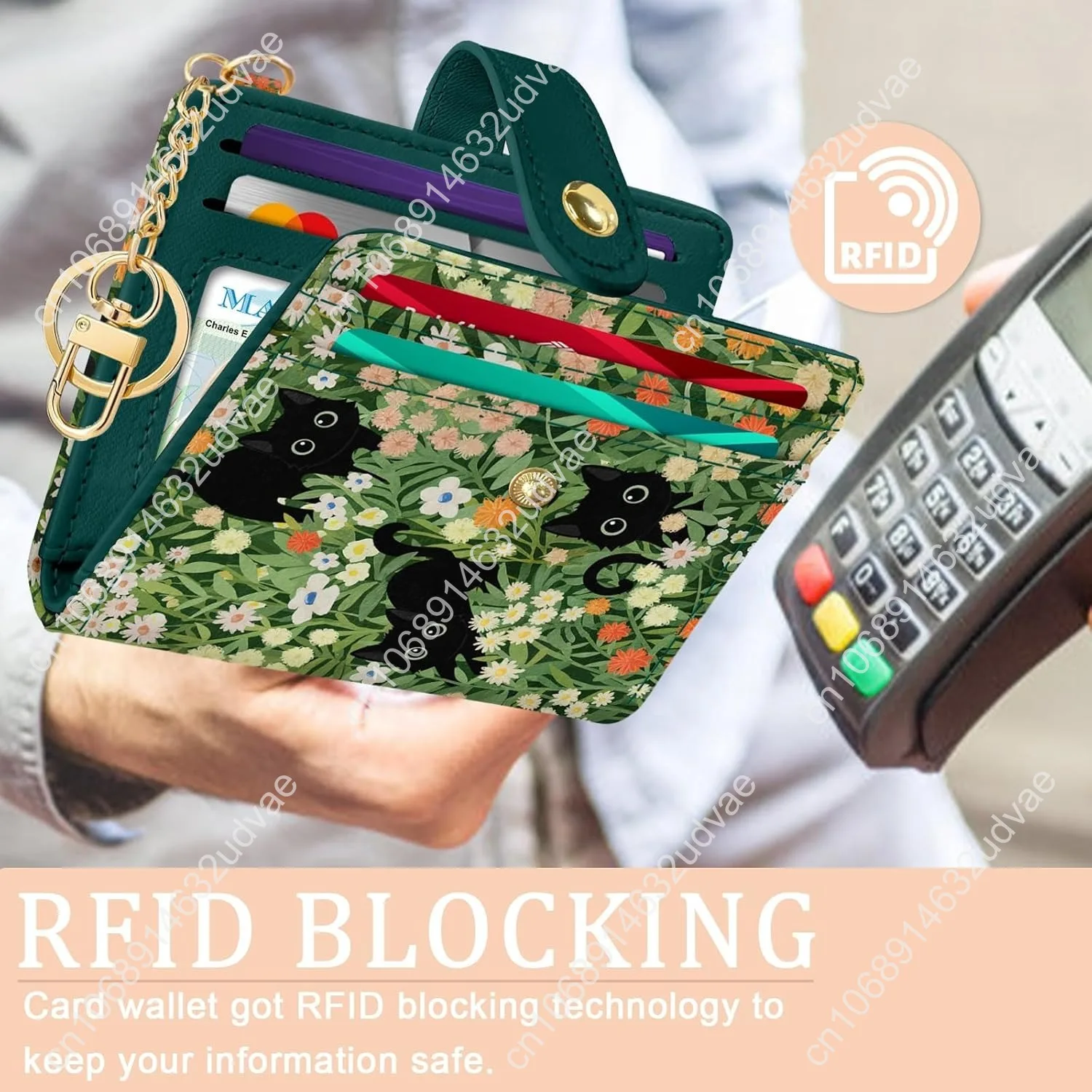 Black Cat Floral Rfid Women Wallet, Small Slim Thin Credit Card Wallet, PU Leather Bifold Cash Zipper Coin Pocket ID Window for