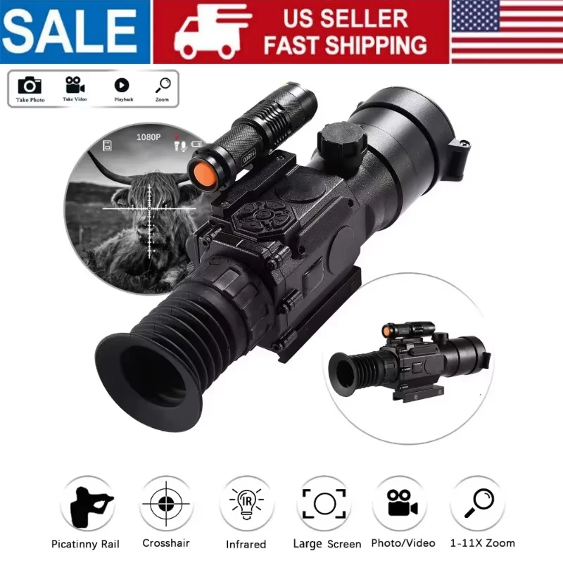 Night Vision Digital Rifle Scope with WiFi and E-Compass, 3.7～11X HD Hunting Riflescope Monocular, Ip65 with Rail Mount