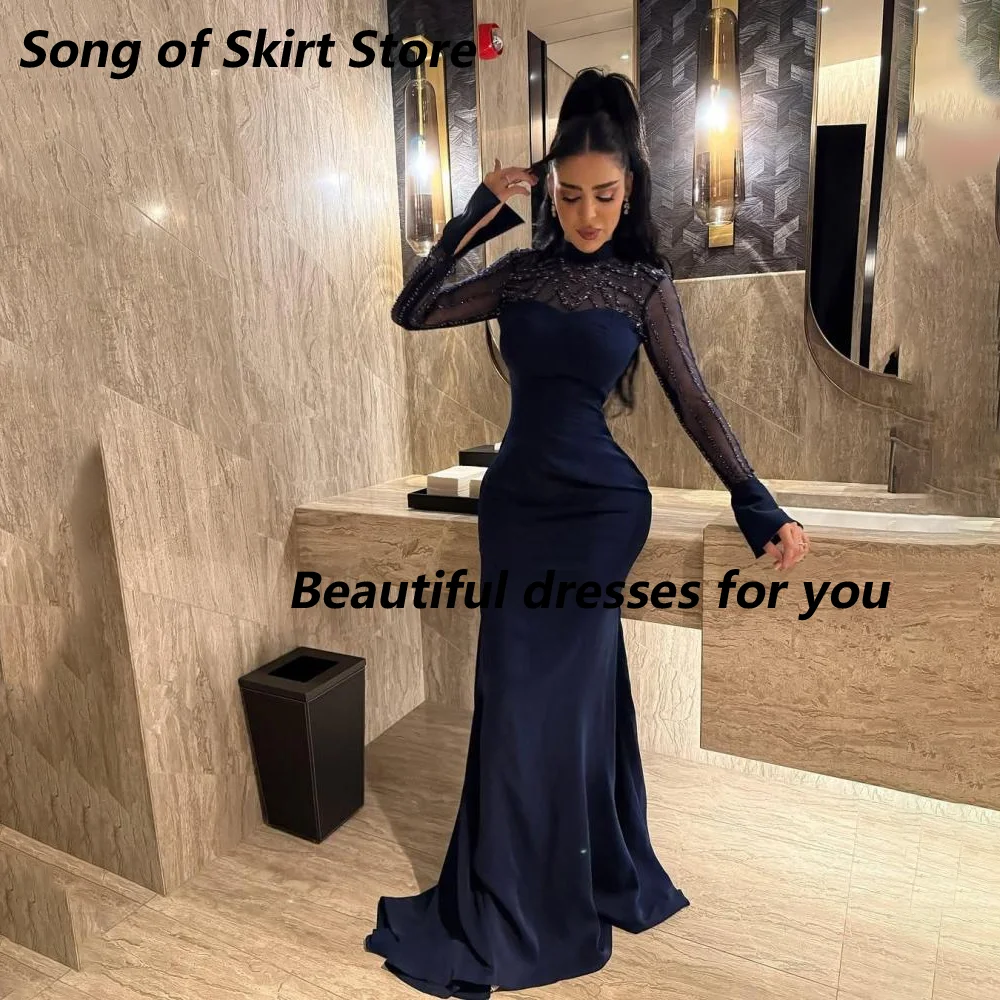 

Navy Evening Dress Mermaid High Neck Long Sleeves Crystal Sequin Prom Dresses for Woman Long Sleeves Evening Gowns Customized