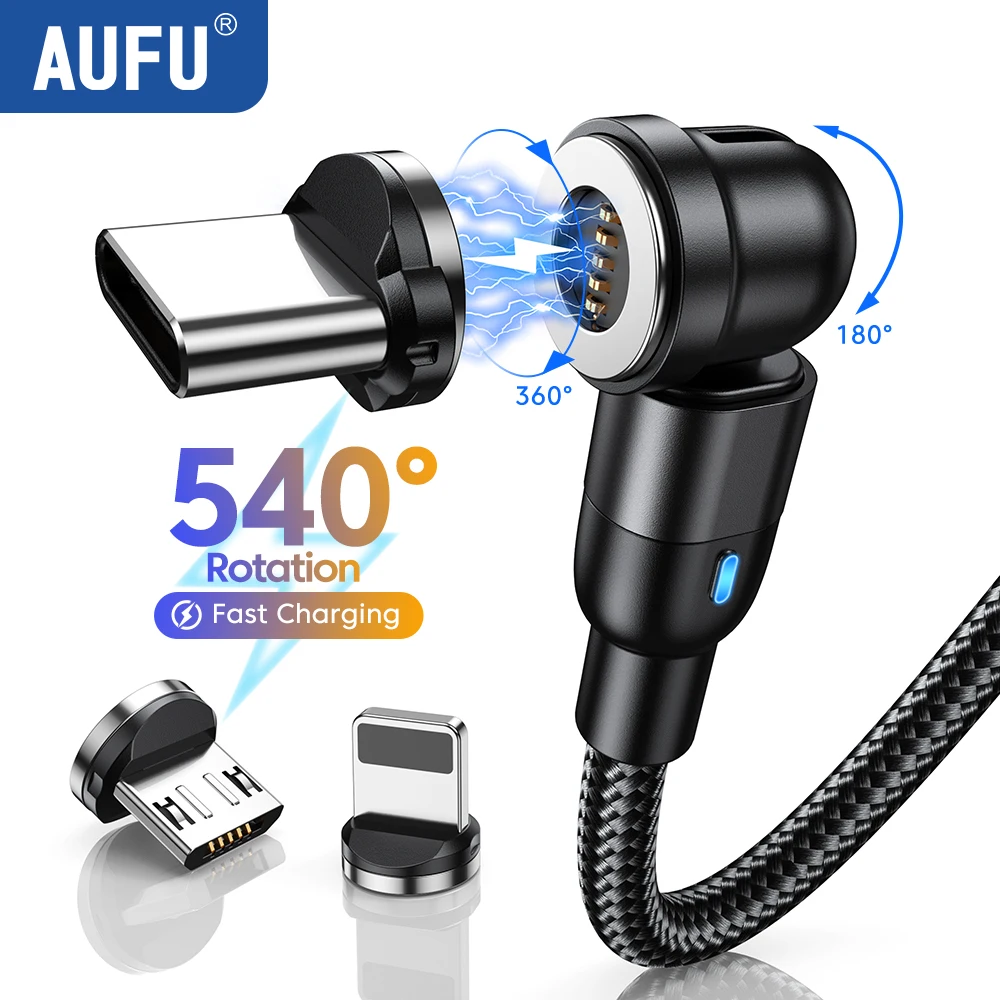 AUFU 540 Rotate Magnetic Cable 3A Fast Charging Type C Cable For Xiaomi Huawei Micro USB Data Cord Magnet Charger For iPhone 15