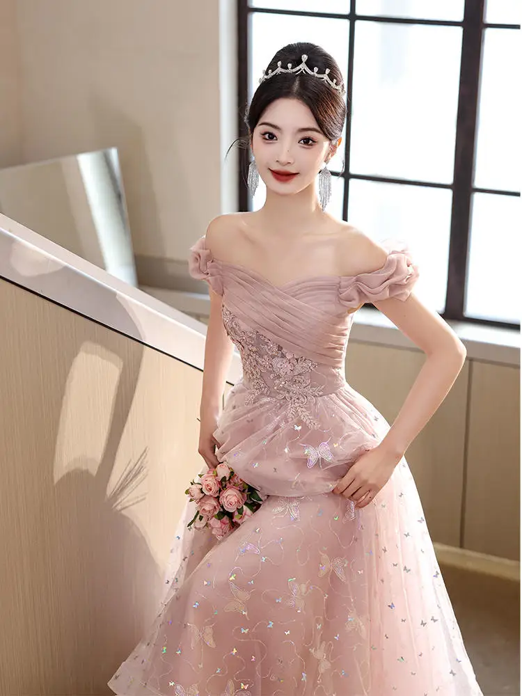 

Pink Evening Dresses For Women Appliques A-line Off-the-shoulder Floor Length Banquet Performance Tulle Princess Party Prom Gown