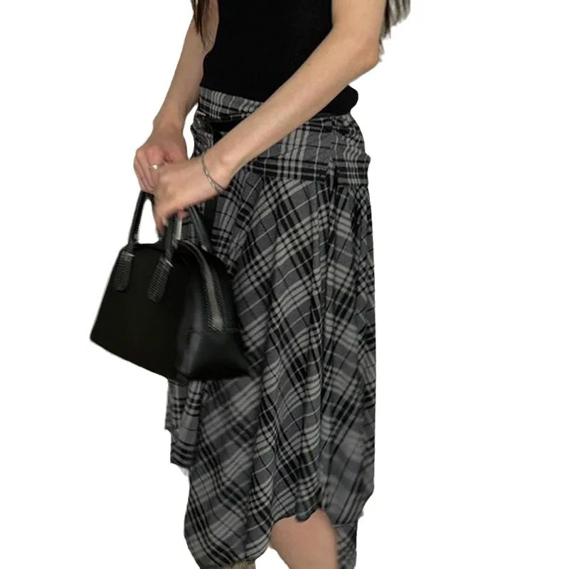 ヴィンテージチェック柄スカート カジュアル原宿風 Aライン ハイウエスト ミディスカート 通勤 スタイル ゆったりフィット ティーアセテート繊維 レディーススカート