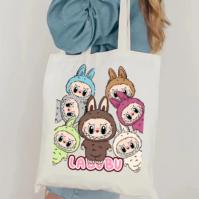 

Cartoon Labubu Canvas Handbag Cute Mokoko Shopping Cloth Bags Forest Elf Print Women Totes Multi-Purpose Economical Reusable Bag