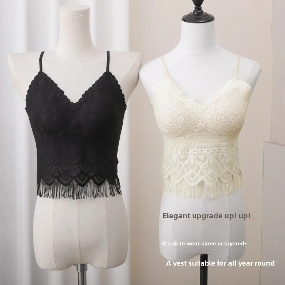 

Elegant With Chest Cushion Ice Silk Lace Camisole Tassels Solid Color Ice Silk Corset Sleeveless Slim Fit Suspender Vest Travel