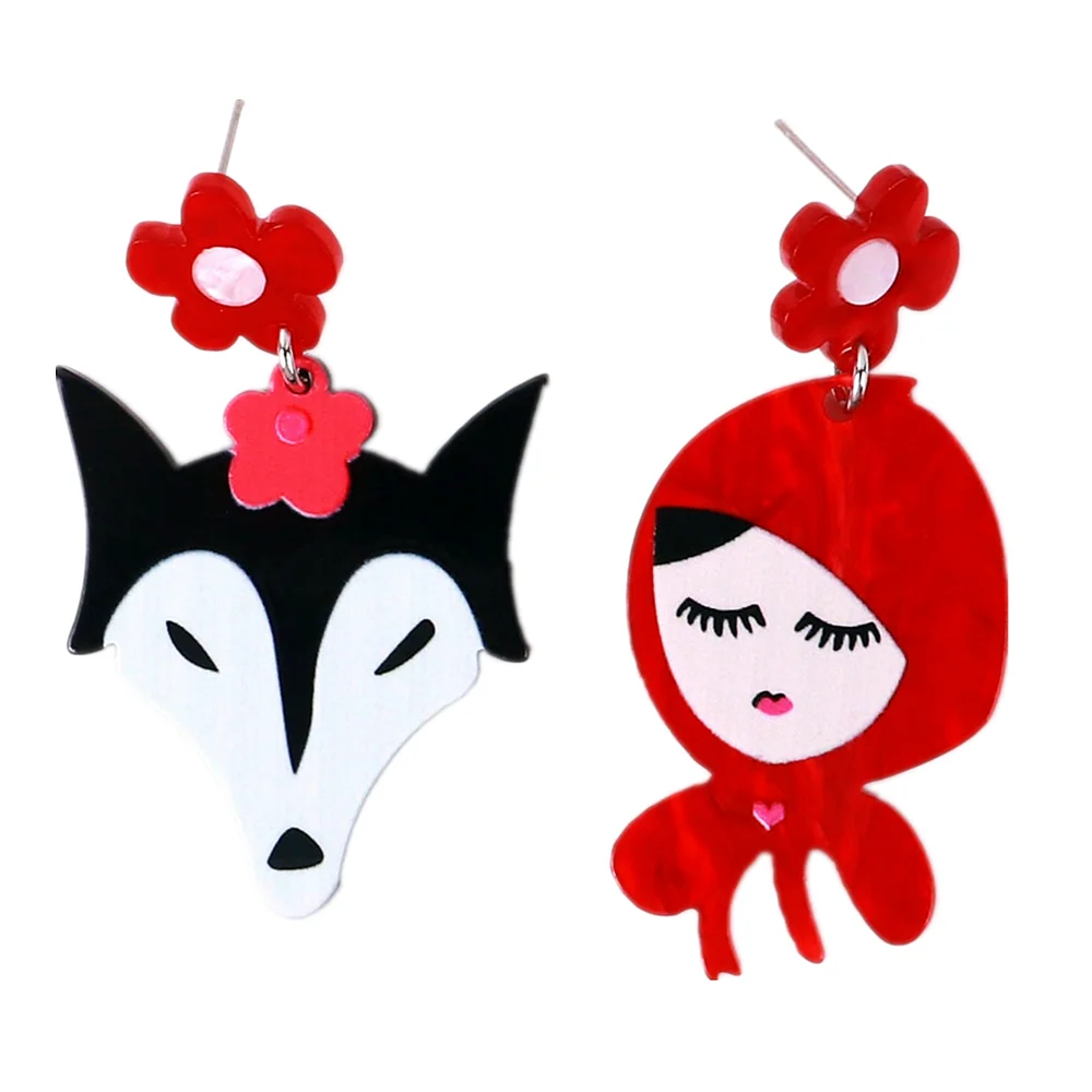 Europäisches und amerikanisches Design Sense Big Grey Wolf Little Red Hat Ohrringe Acryl Asymmetrische Mode Ohrringe Ohrringe Ohrstecker