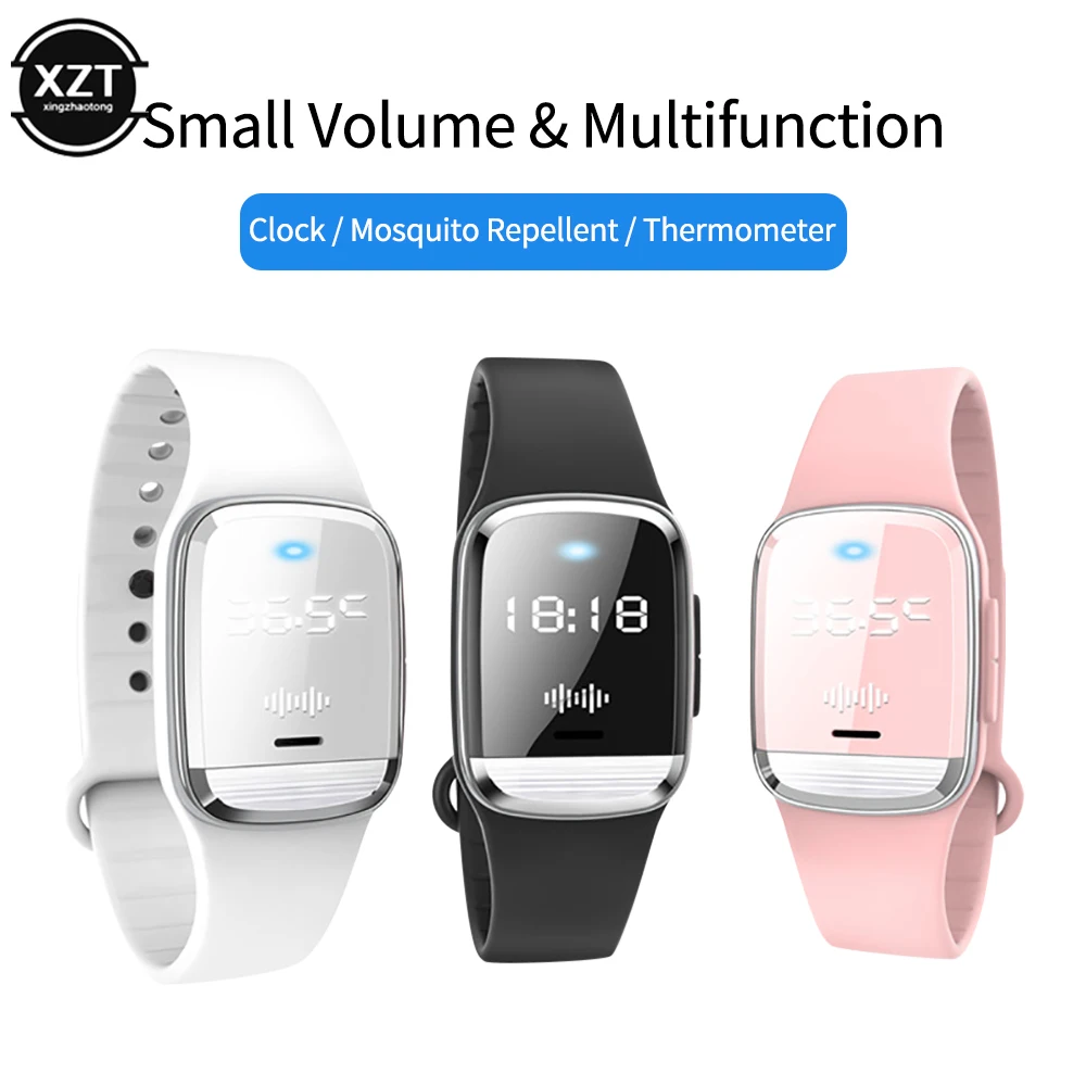 Pulsera ultrasónica repelente de mosquitos, Smartband con reloj, función de monitoreo de temperatura corporal, interior y exterior, Verano