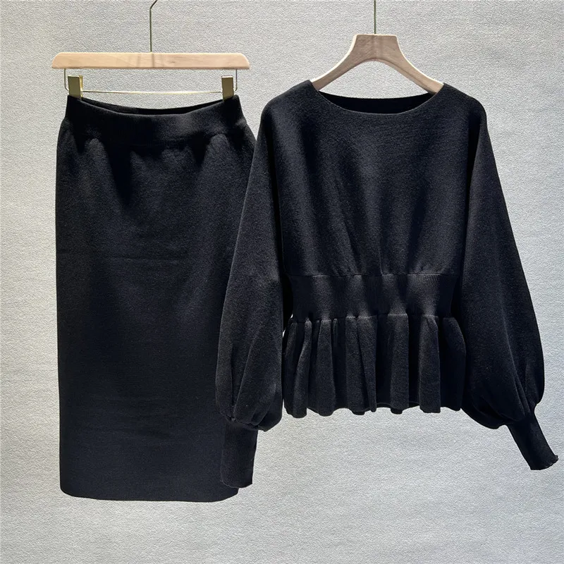 

Autumn Elegant 2 Two Piece Set Women Lantern Long Sleeves Crop Tops Fashion Casual Pullover Sweater Sexy High Waist Skirts Sets