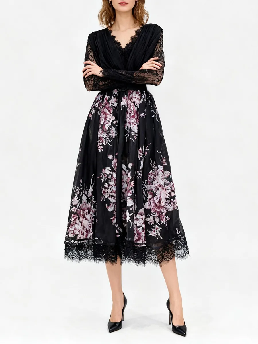 TWOTWINSTYLE 프린팅 시어 스플라이스 레이스 빈티지 드레스 여성용 브이넥 긴팔 하이웨이스트 패치워크 셔링 드레스