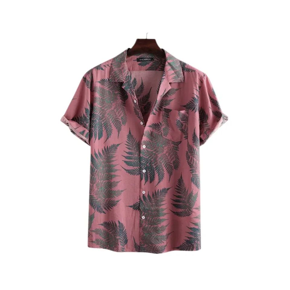 New Hawaiian Shirt Red Leaf Tropical Floral Pattern Men\'s Shirt Summer Casual Short Sleeve Button Down Shirt Vacation Beachwear