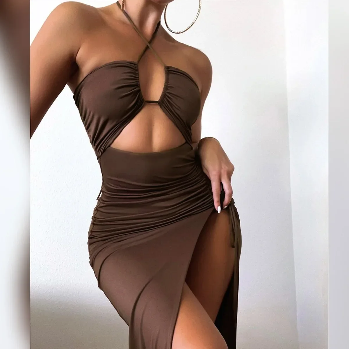 Caliente verano Sexy Halter espalda descubierta sin mangas recortado Maxi Vestido para mujeres elegante Club fiesta vestidos con abertura Vestido