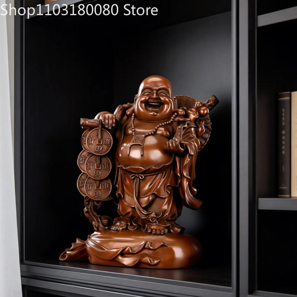 Red Copper Maitreya Buddha Statue Laughing Buddha Holding Coins Chinese Feng Shui Decor,23cm,16cm,10.5cm