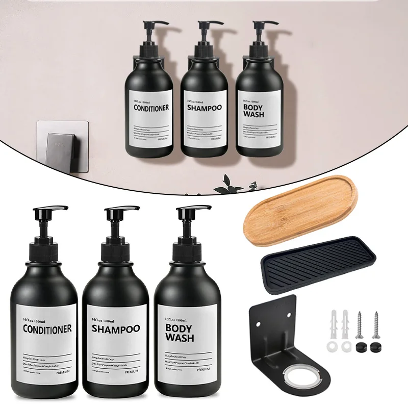 Soap Dispenser Matte Black Wall Mounted Shampoo Shower Gel Refillable Empty Bottle with Label Tray Kitchen Accessories 500ML