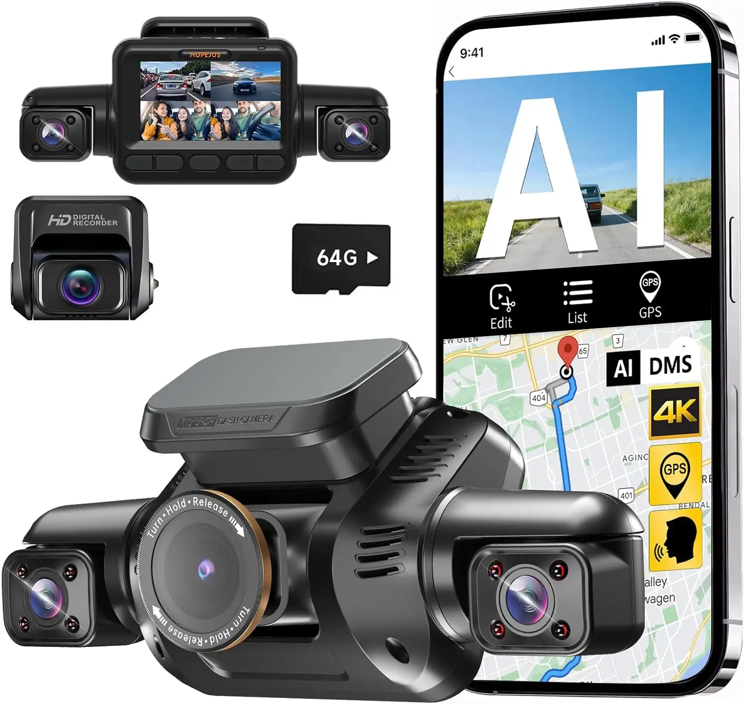 4 Channel Dash Cam with Driver Monitor System, 360° 4K Car Camera, Front Rear and Inside Recording, WiFi, GPS, Night Vision, 24H Parking Mode, Includes 64GB SD Card