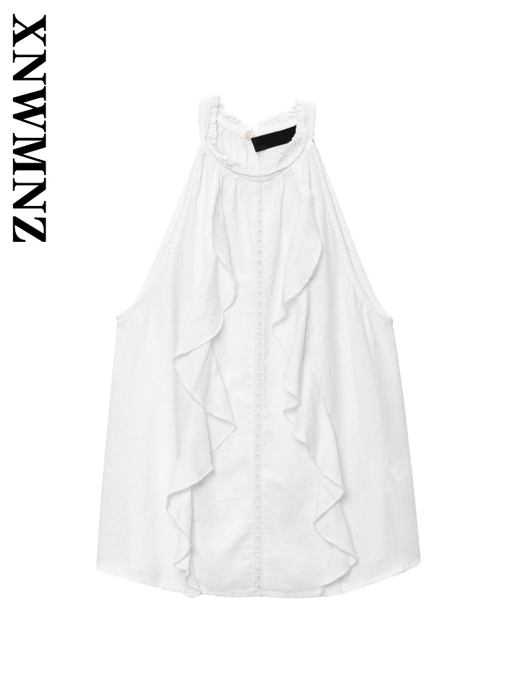 

XNWMNZ 2025 Summer New Women Clothing Simple Fashion Sleeveless Halter Tierred Linen Top Party Lady White Vest Chic