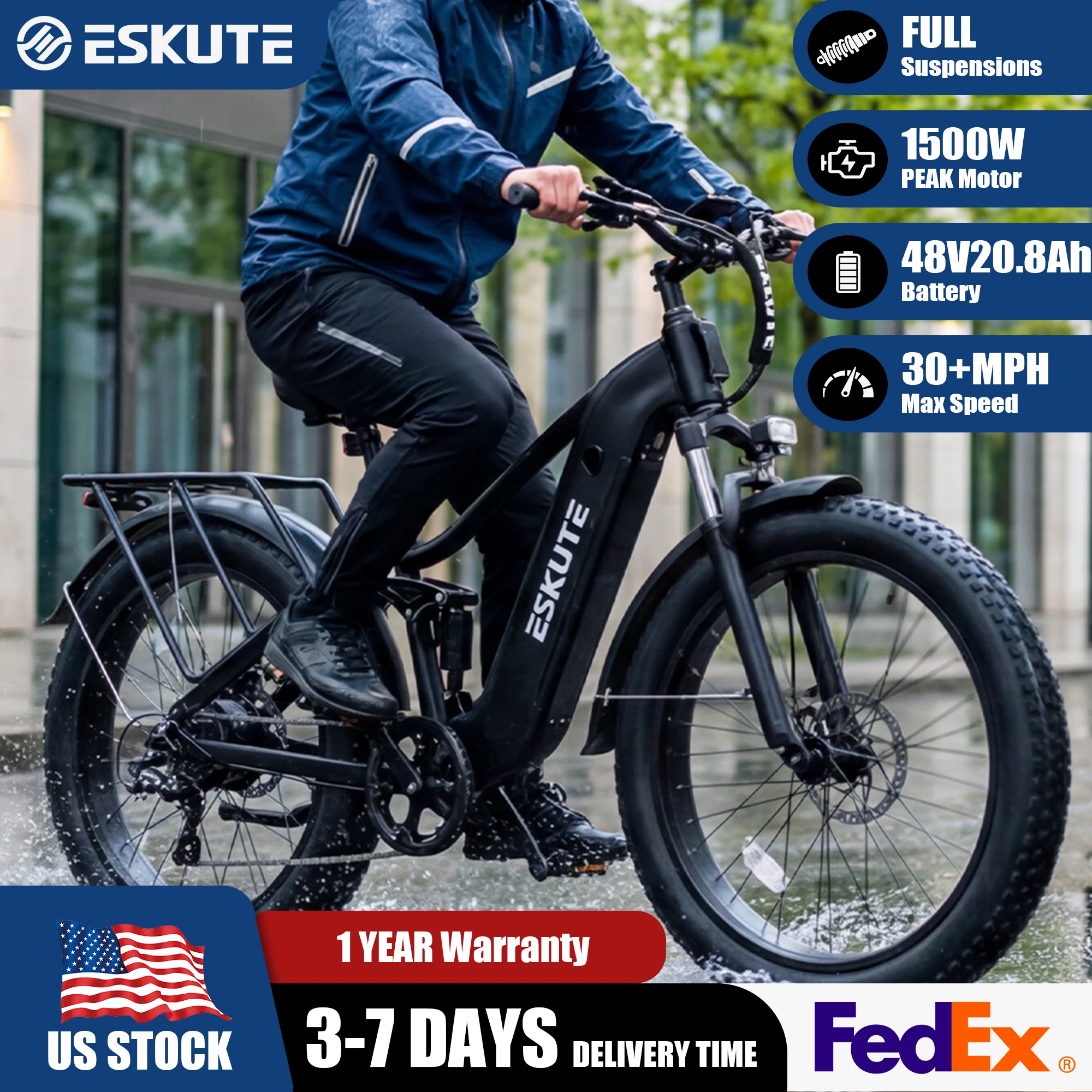 ESKUTE C300R-SO - Full Suspensions -  Electric Bike for Adults ，48V20.8Ah Battery Ebike up to 80 Miles, Peak, 26x4.0 Fat Tire Step-Over Ebike, 8-Speed, UL2849 E-Bike