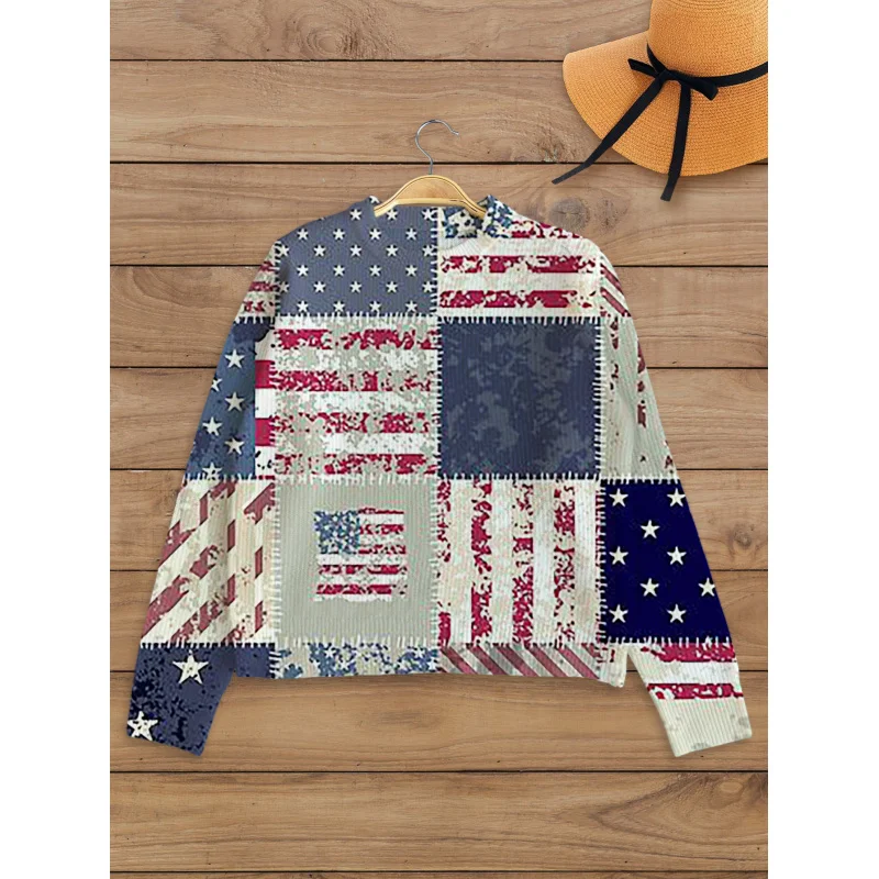 

American Vintage Patchwork Flag Digital Print Women’s Sweater Knit Pullover Thick Loose Crew Neck Long Sleeve Autumn Winter