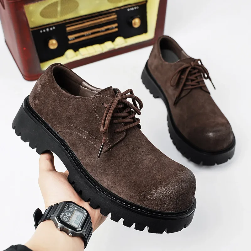 Big Round Toe Lace Up Men Oxford Shoes Suede Real Leather Retro Design Height Increasing Men Casual Shoes Zapatos De Hombre