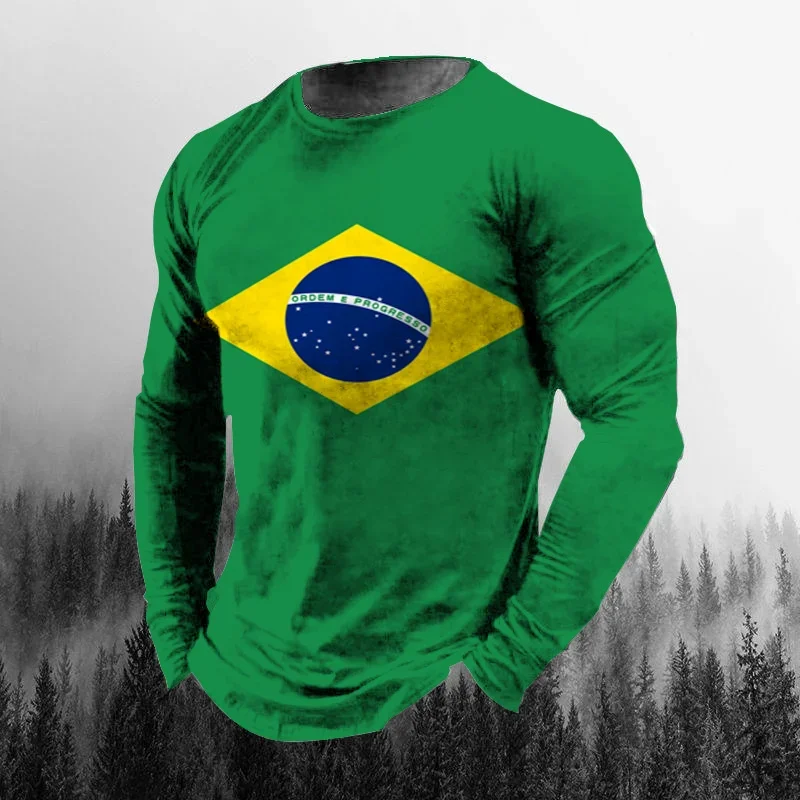 Vintage Brasilien-Flagge 3D-Druck Herbst Herren O-Ausschnitt T-Shirt Lässiges Langarm-Oversize-T-Shirt Modischer Pullover Herrenbekleidung – Detail 6