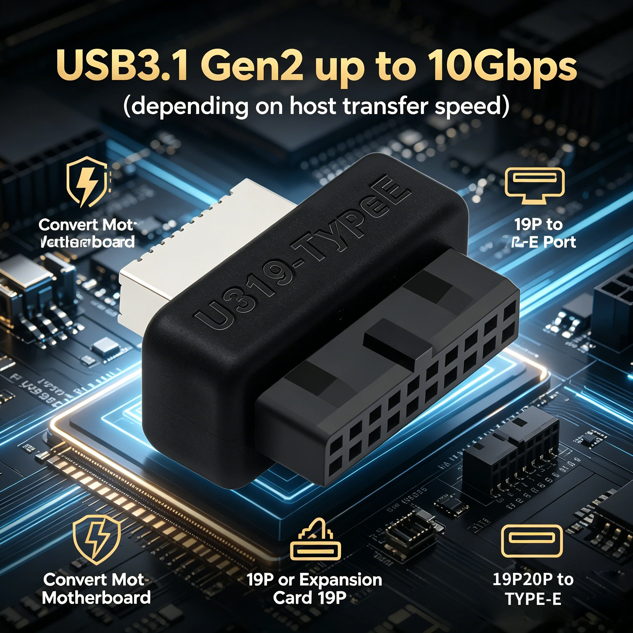 USB 3.0 90 Degree Desktop Converter Motherboard USB Header Adapter 19Pin / 20Pin To Type-E Front Chassis Type C Plug-in Port
