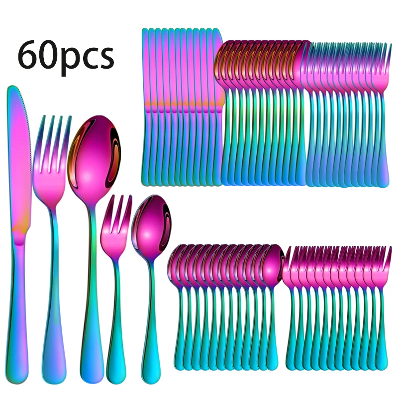 60pcs1010 rainbow mirror polished colorful stainless steel cutlery long handle western tableware wedding gift table decoration