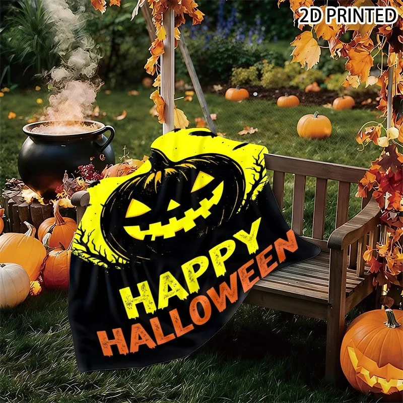 Halloween Themed Throw Blanket with Glowing Yellow Full Moon, Smiling Jack - O' - Lantern, Flying Bats & Twisted Bare Branches P