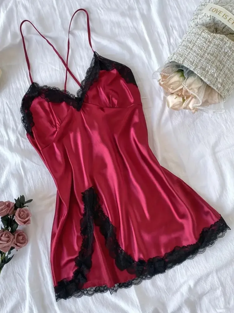 

1 Piece Elegant Lace Embroidery Exquisite Homewear Summer Sling Nightgown Sexy Split Thin Mini Pajamas Nights Dress Woman Shirt