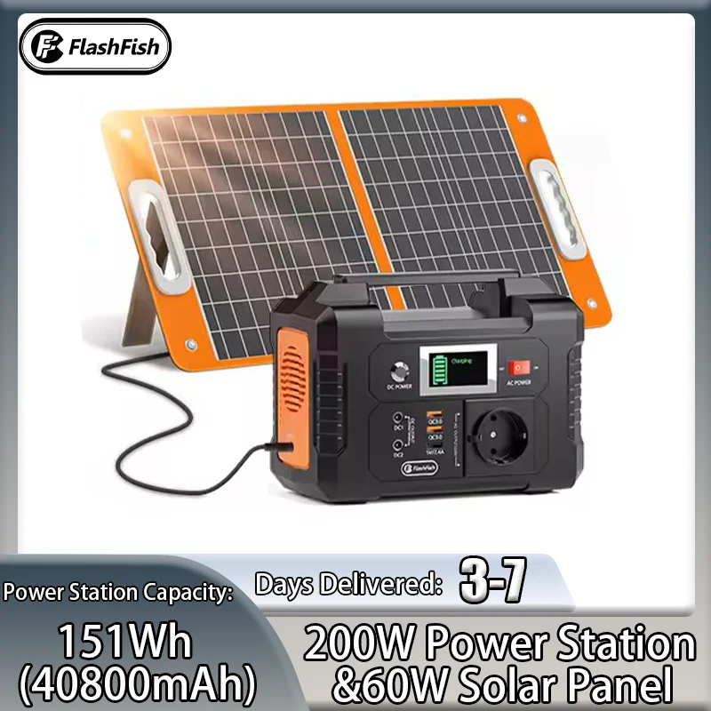 Generador Solar Portátil FF FlashFish E200 de 200W y 151Wh Multiusos con Kit de Panel Solar Plegable Completo de 60W