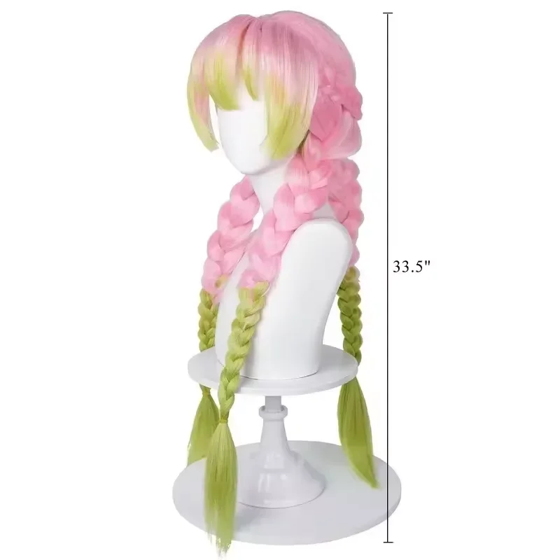 Hoge Kwaliteit Kanroji Mitsuri Cosplay Pruik Anime Lang Groen Roze Hittebestendig Synthetisch Haar Halloween Pruiken + gorra Pruik