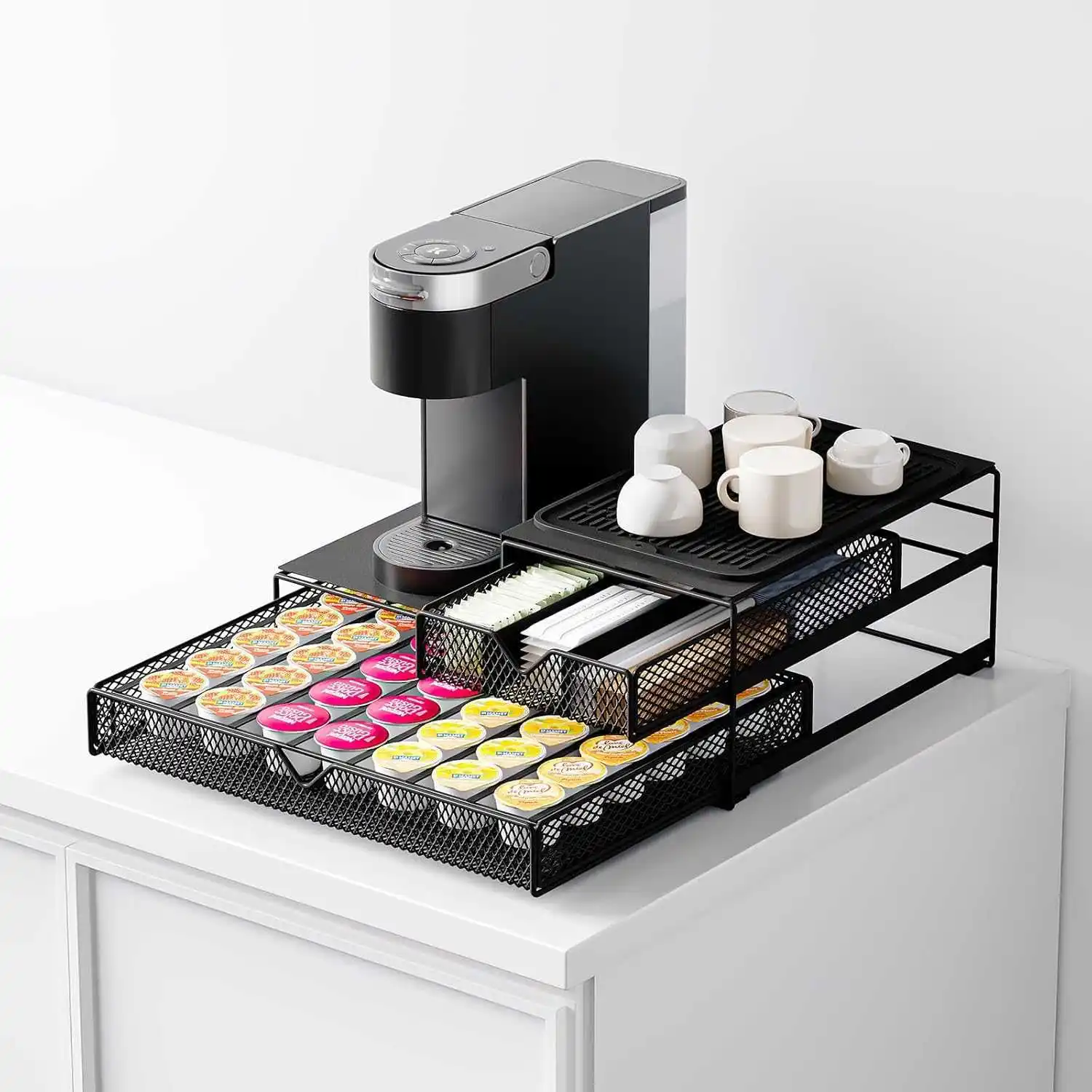 

Double-Layer Coffee Capsule Storage Stand 41CM Silicone Lined Base Durable Iron Construction for Organizing 72 Capsules at Home