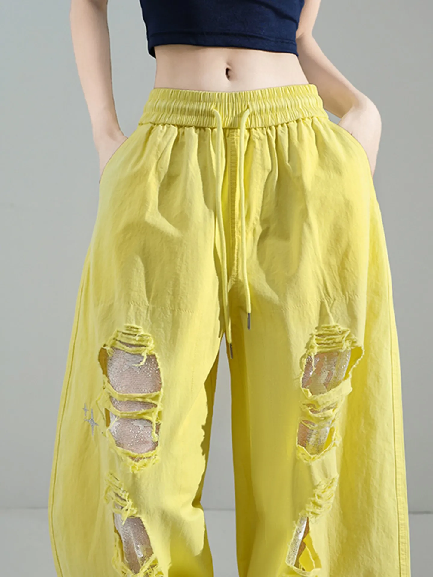 Lace Patchwork Hole Sports Pants Women Summer Loose Wide Leg Pants High Waist Straight Leg Long Pants Cuffed Pants Casual Style